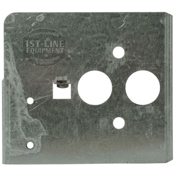 A slightly worn Lelit 1100032 Bianca Steam Boiler Support—a square metal plate with three round holes, one square hole, a protruding bolt, and “1st Line Equipment” faintly stamped on the upper left side. © 2025 1st-line.com