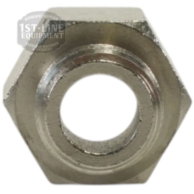 A top-down photo shows the 1st-line Straight Fitting 1/4M x 1/4F, a silver hexagonal nut with a central circular hole, on a white background. The partially visible 1st-Line Equipment logo appears in the upper left corner. © 2025 1st-line.com
