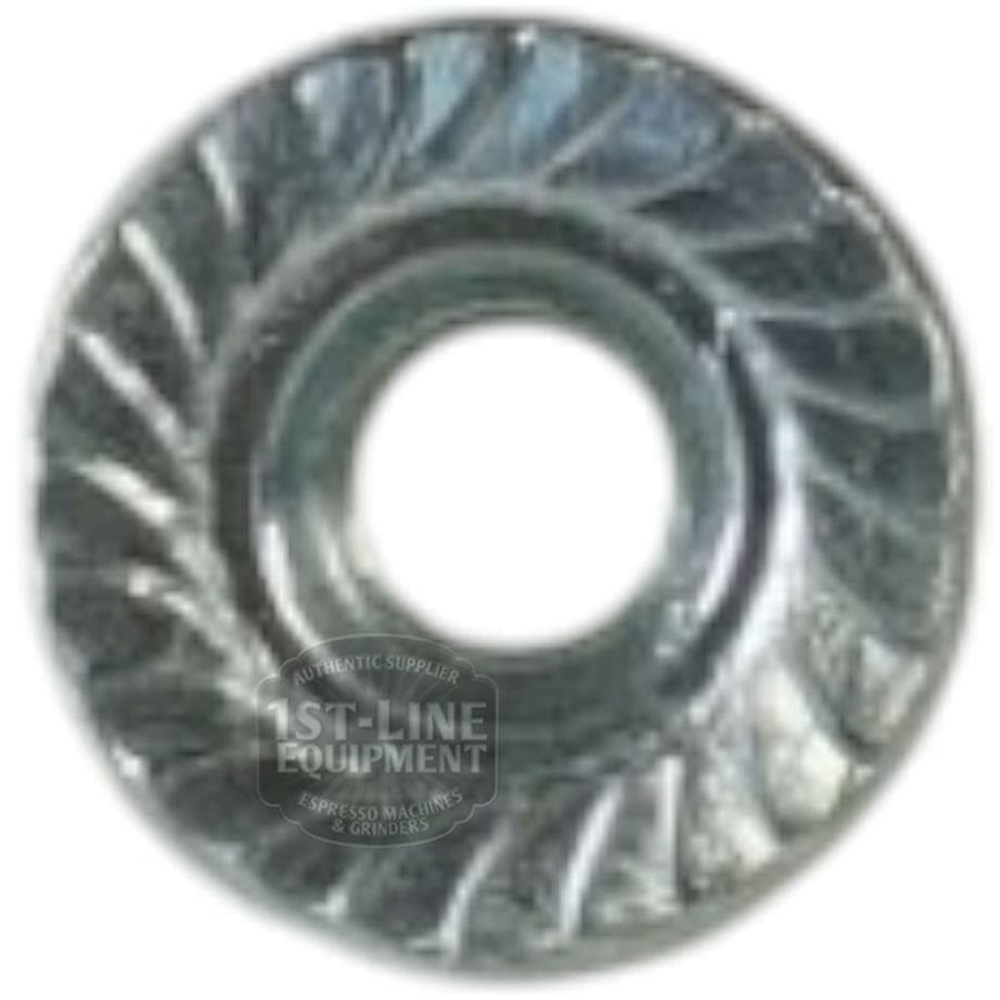 A top view of the Lelit 9200012 M3 stainless steel nut on a round coffee grinder burr with angled ridges and a central hole. © 2025 1st-line.com