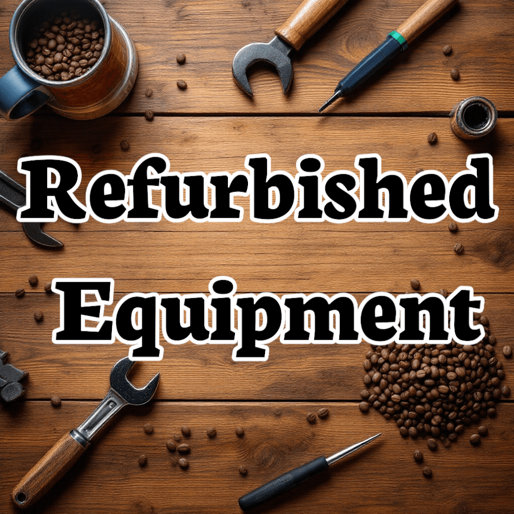 A wooden table with coffee beans, tools, and a mug of coffee arranged around the bold text Refurbished Equipment in the center, highlighting exclusive sales and deals. © 2025 1st-line.com
