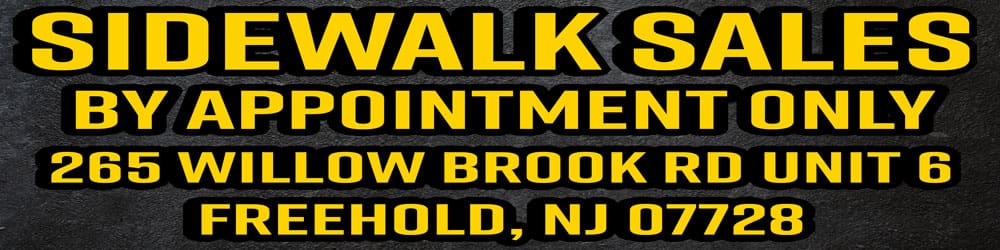 Bold yellow text on a dark background reads: Sidewalk Sales By Appointment Only, 265 Willow Brook Rd Unit 6, Freehold, NJ 07728. Visit the 1st-line web site to explore our latest espresso machine deals. © 2025 1st-line.com