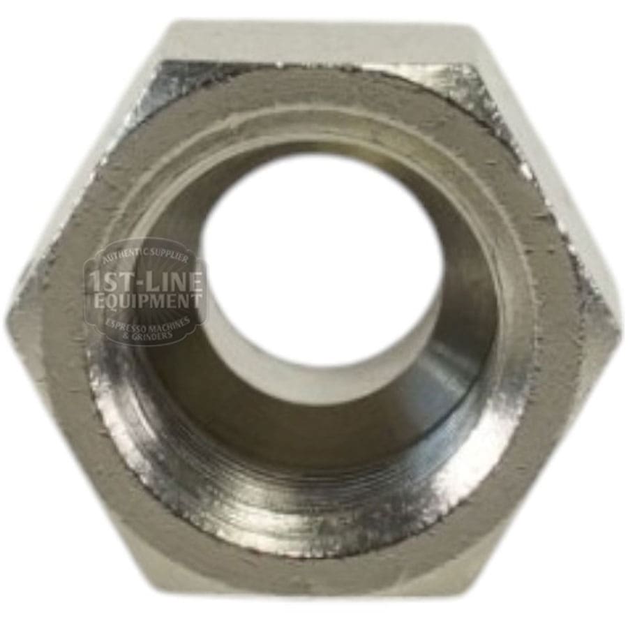 Close-up front view of a 1st-line Straight Fitting 1/4M x 1/4F, showing its metallic hexagonal nut and central circular threaded hole, photographed against a white background. © 2025 1st-line.com