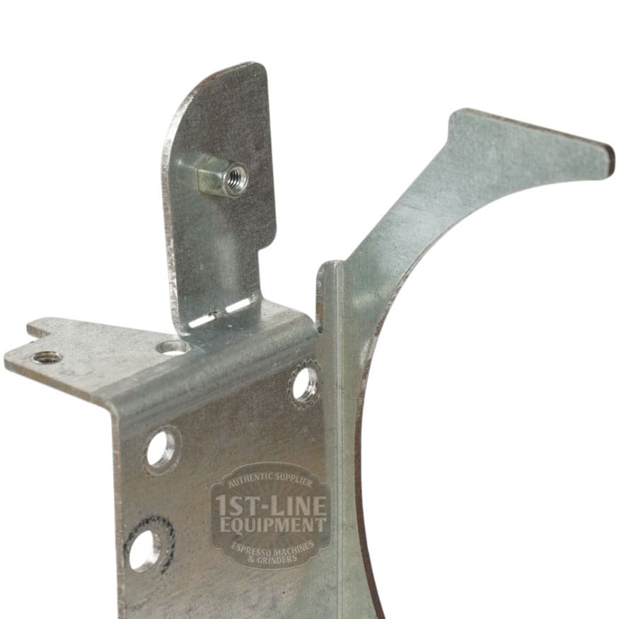 Close-up of a Lelit 1100032 Bianca Steam Boiler Support, a metal bracket with multiple holes and an angled arm for espresso machines. A partial 1st-Line Equipment logo appears on its surface. © 2025 1st-line.com