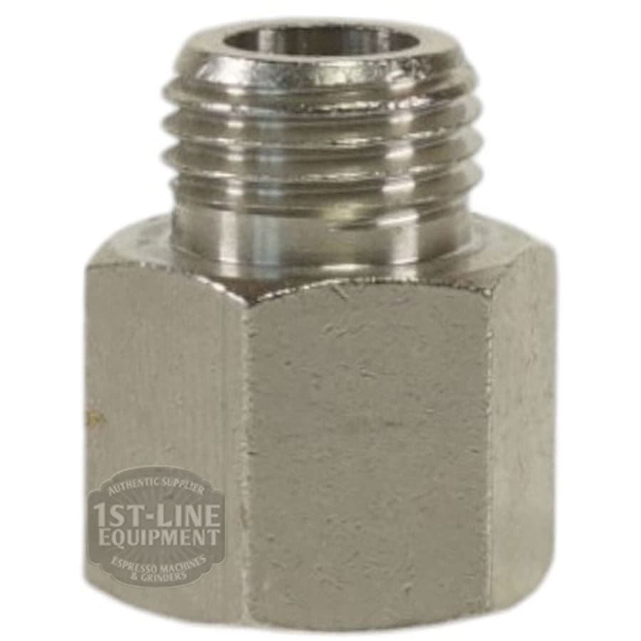 Close-up of the 1st-line Straight Fitting 1/4M x 1/4F, featuring a metal adapter with a hexagonal base and external 1/4M threading on top, ideal for connecting pipes or hoses. The lower left side displays the 1st-Line Equipment logo. © 2025 1st-line.com