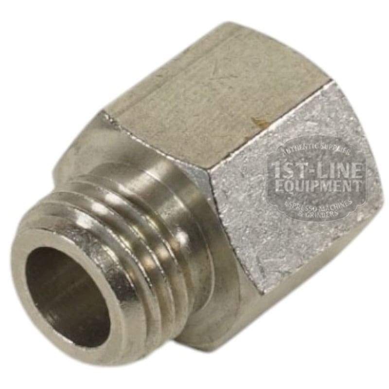 Close-up of the 1st-line Straight Fitting 1/4M x 1/4F, featuring a metal hexagonal body with external 1/4-inch male threads on one end and a smooth 1/4-inch female opening for pipe or hose connections. © 2025 1st-line.com