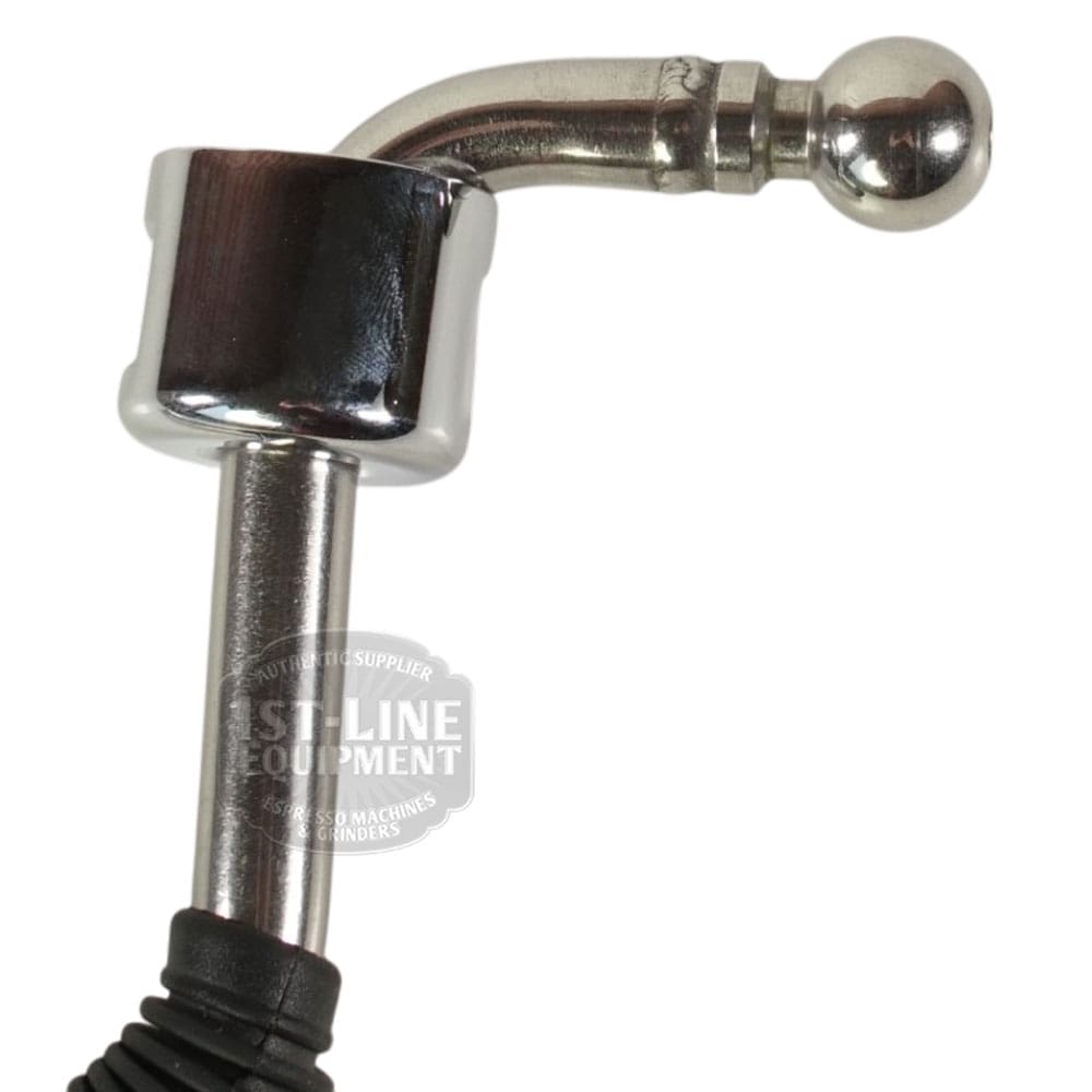 Close-up of the Elektra 06319039 Steam Valve Wand Assembly, featuring a shiny metal body resembling a steam valve, with a curved, ball-shaped end and a black rubber hose attached below. © 2025 1st-line.com