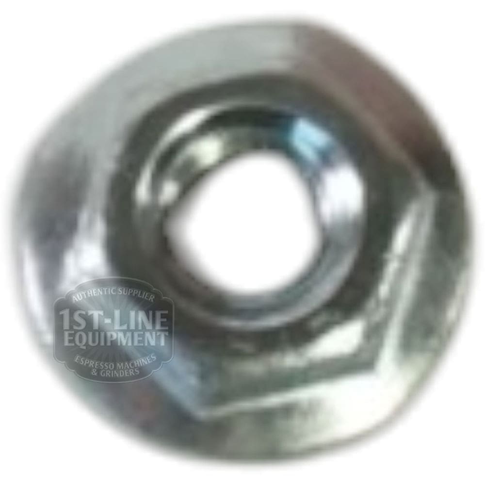Close-up of the Lelit 9200012 Stainless Steel Nut M3 with a circular center opening, slightly tilted. Faint Lelit and 1st-Line Equipment logos appear on the left side. © 2025 1st-line.com
