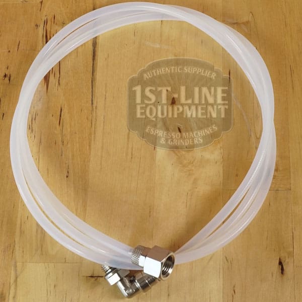 Coiled, translucent tube with metal connectors rests on wood—ideal for the LIKE NEW - Elektra Verve Dual Boiler Espresso Machine (C104). A semi-transparent 1st-Line Equipment Espresso Machines & Grinders logo overlays the center. © 2025 1st-line.com