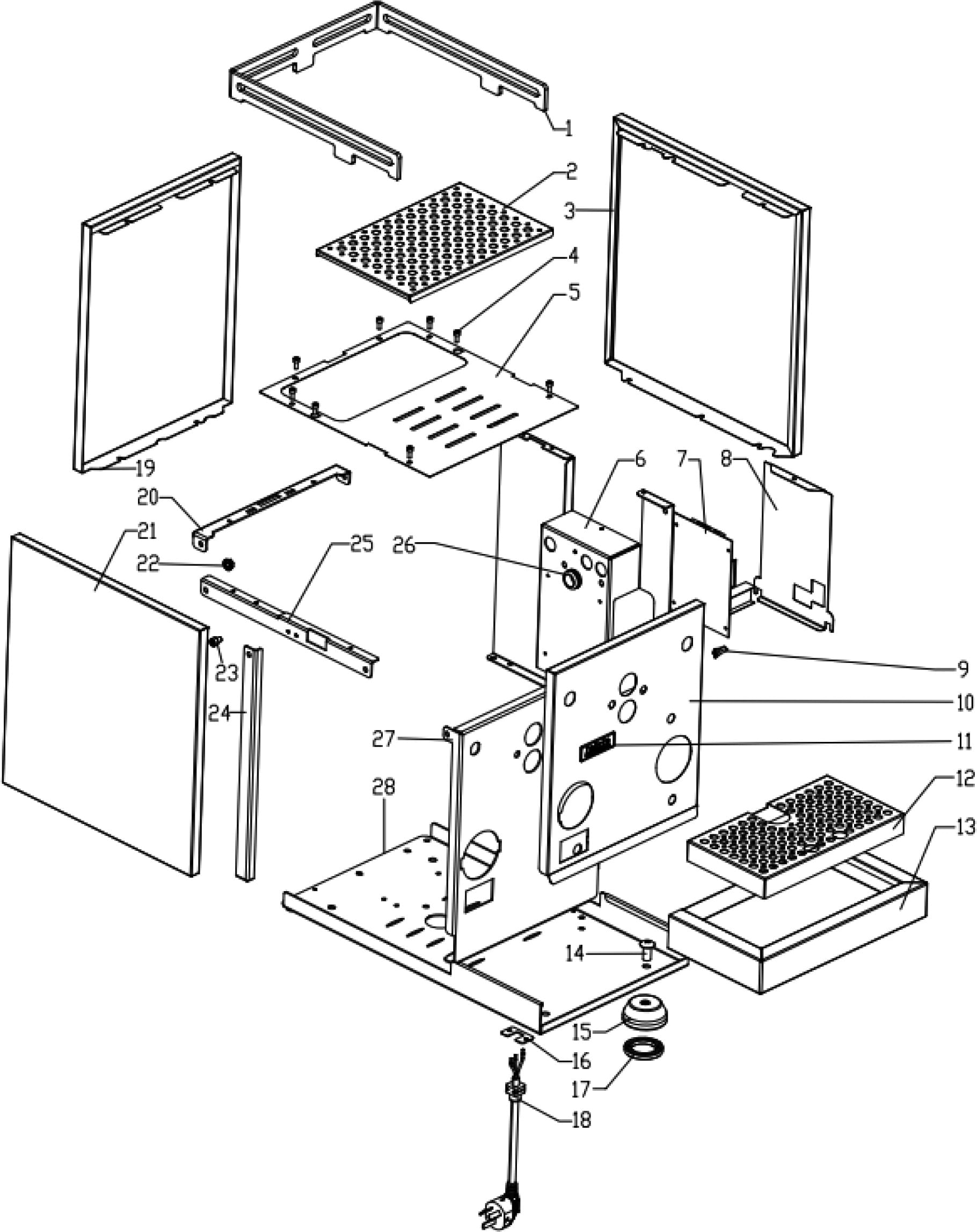 Exploded parts diagram of a Bellezza Inizio electronic device, showing labeled components like panels, screws, trays, circuit boards, knobs, and power cord for easy assembly reference. © 2025 1st-line.com