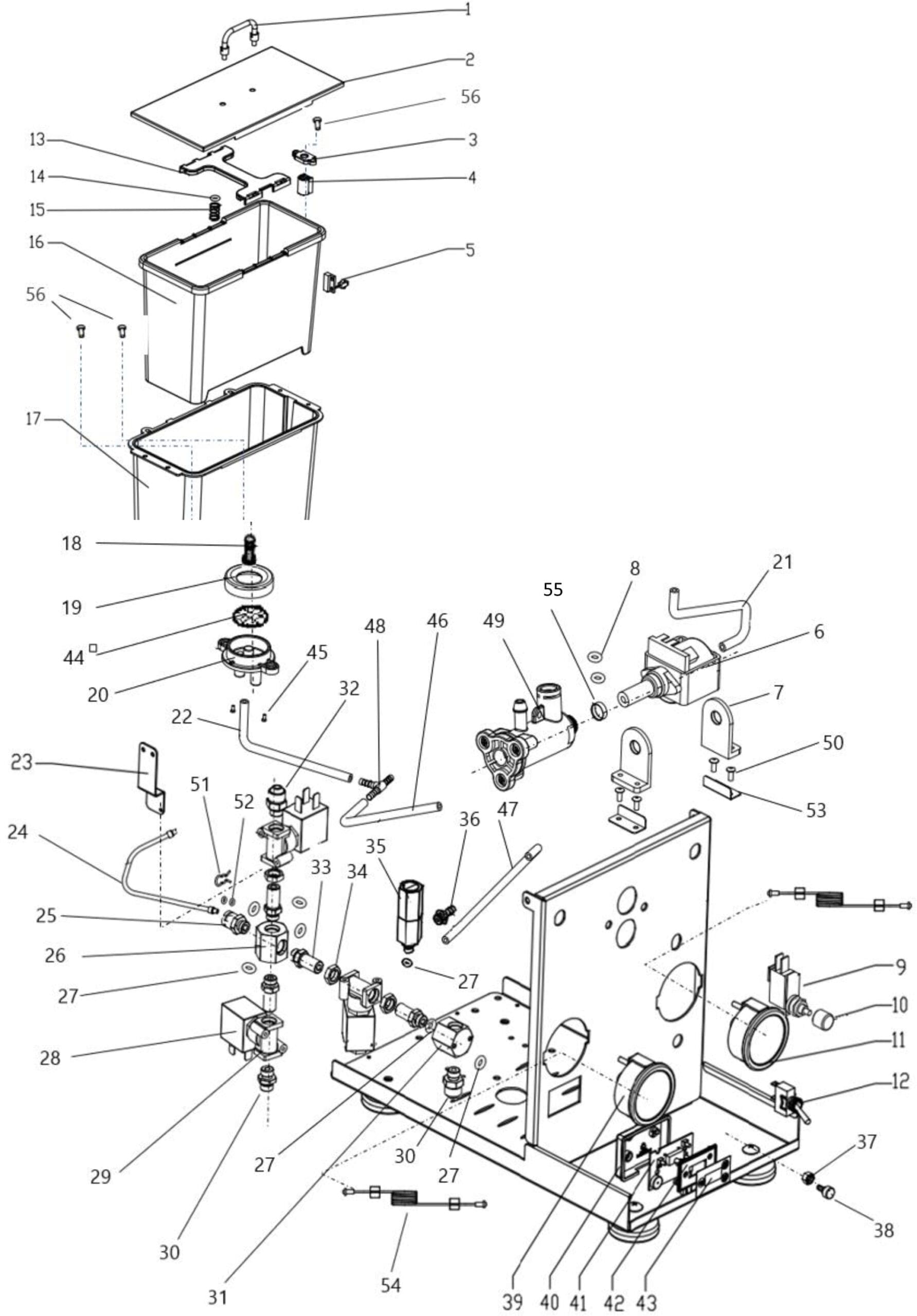 Exploded Parts Diagram of a mechanical device, including Bellezza Inizio components like the tank, plate, screws, valves, and various fittings—all labeled with numbered callouts for accurate assembly reference. © 2025 1st-line.com