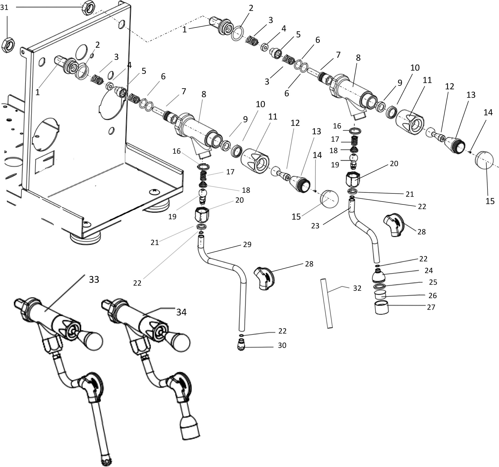 Exploded Parts Diagram showing the assembly and numbered parts of a Bellezza Inizio wall-mounted faucet, including valves, pipes, washers, nuts, and connections, alongside labeled illustrations of the fully assembled faucets. © 2025 1st-line.com