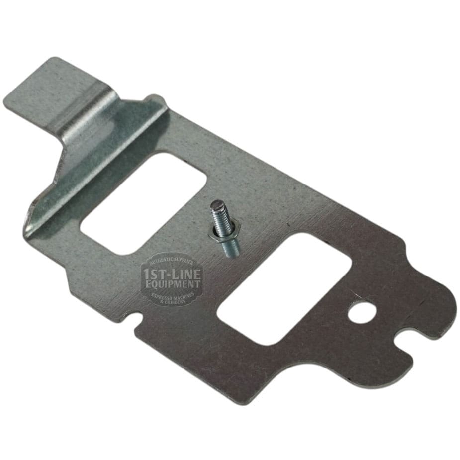 Lelit 1100031 LCC Support Plaque metal mounting bracket with raised tab, two rectangular cutouts, central screw hole, and wavy edge, shown on a white background. © 2025 1st-line.com