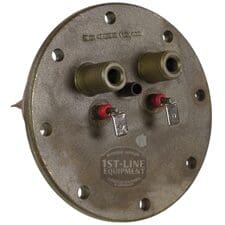 Round metal industrial part with multiple threaded ports, two capped fittings with metal tags, and 1st-Line Equipment engraving; fits Elektra 04.05266.00.42 110V Flanged Heating Element for Microcasa models. © 2025 1st-line.com