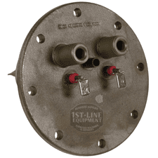 Round metal industrial part with multiple threaded ports, two capped fittings with metal tags, and 1st-Line Equipment engraving; fits Elektra 04.05266.00.42 110V Flanged Heating Element for Microcasa models. © 2025 1st-line.com