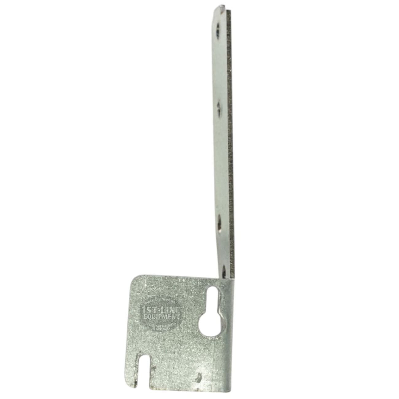 Side view of the Lelit 1100034 Solenoid Valve Support, a metal bracket with multiple holes and a hook slot, stamped with 1st LINE EQUIPMENT. Perfect for mounting or securing solenoid valves on Lelit machines. © 2025 1st-line.com