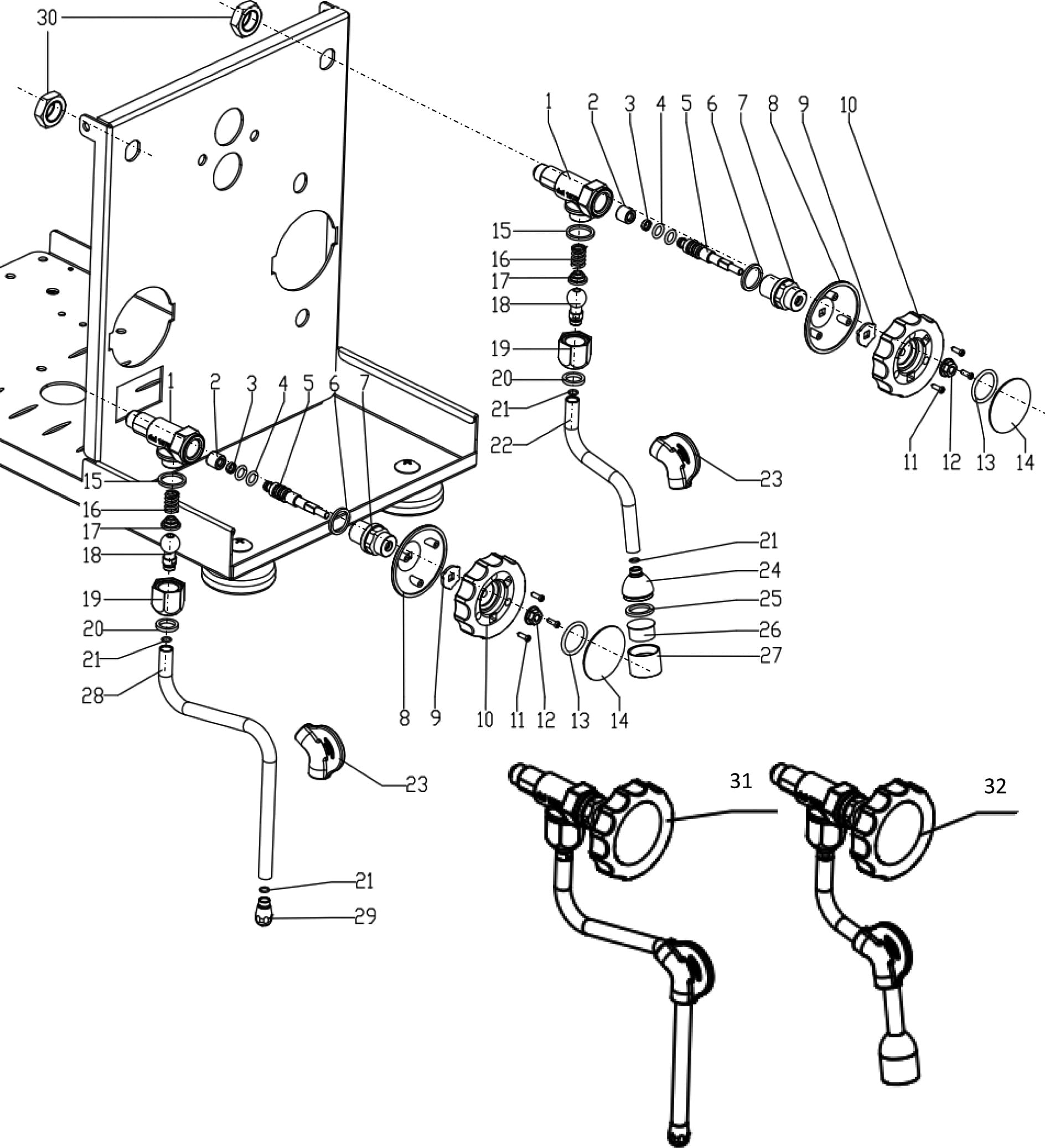 Technical line drawing of a Bellezza Inizio mechanical assembly, shown as an exploded parts diagram with numbered pipes, connectors, valves, and a base plate, all labeled for easy identification. © 2025 1st-line.com