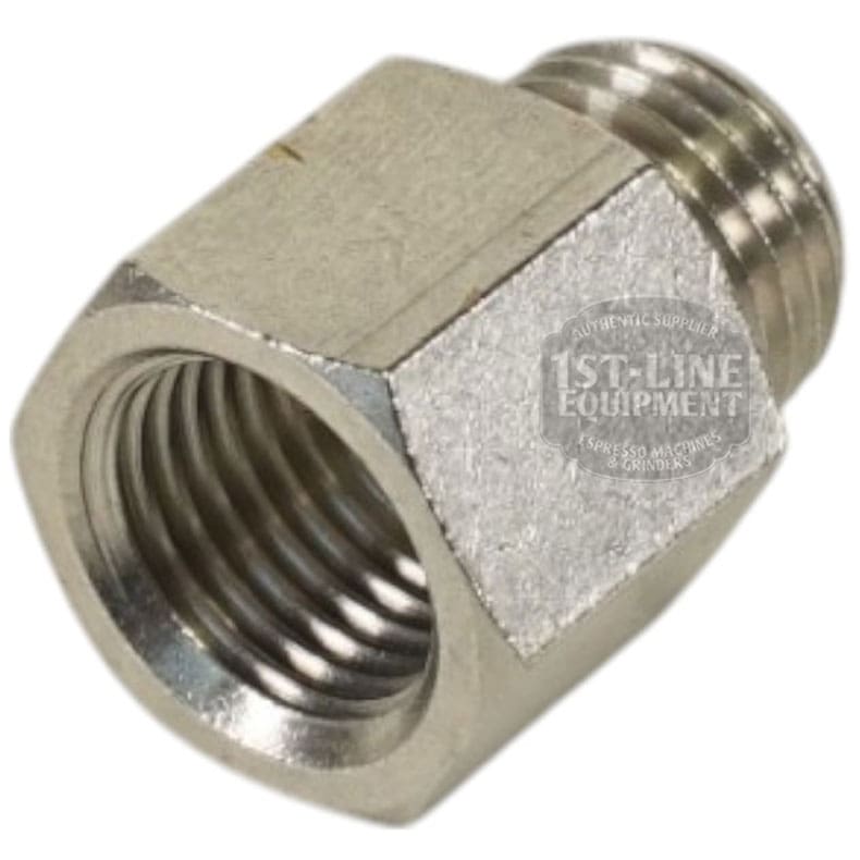 The 1st-line Straight Fitting 1/4M x 1/4F is a metal adapter with 1/4 male and female threads, ideal for connecting pipes or hoses. © 2025 1st-line.com