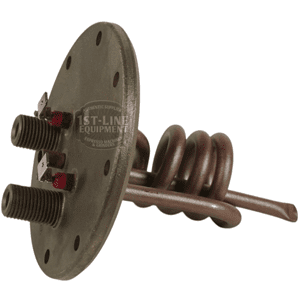 The Elektra 04.05266.00.42 110V Flanged Heating Element features a round metal base, two threaded terminals with red indicators, and a coiled tube—designed for Microcasa and Elektra espresso machines and boilers. © 2025 1st-line.com