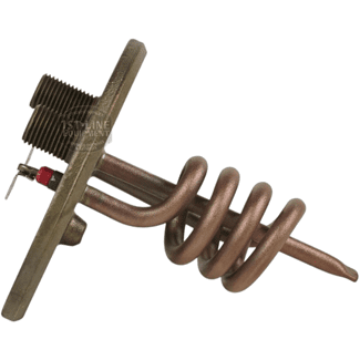 The Elektra 04.05266.00.42 110V flanged heating element for Microcasa features a copper immersion coil with threaded connectors, an electrical terminal, and a rectangular metal mounting plate. © 2025 1st-line.com