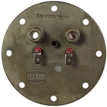 The Elektra 04.05266.00.42 110V Flanged Heating Element for Microcasa features multiple holes, two threaded ports, and two electrical terminals with red washers; surface marked with 1st-Line Equipment. © 2025 1st-line.com