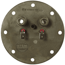 The Elektra 04.05266.00.42 110V Flanged Heating Element for Microcasa features multiple holes, two threaded ports, and two electrical terminals with red washers; surface marked with 1st-Line Equipment. © 2025 1st-line.com