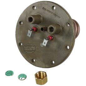 The Elektra 04.05266.00.42 110V flanged heating element for Microcasa features two terminals, multiple bolt holes, and includes a hex nut plus two labeled caps (A and GW), all shown on a white background. © 2025 1st-line.com
