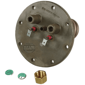 The Elektra 04.05266.00.42 110V flanged heating element for Microcasa features two terminals, multiple bolt holes, and includes a hex nut plus two labeled caps (A and GW), all shown on a white background. © 2025 1st-line.com