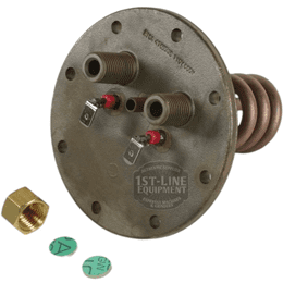 The Elektra 04.05266.00.42 110V flanged heating element for Microcasa features two threaded pipe connections, electrical terminals, a coiled tube, brass cap, and green washer seals—shown against a white background. © 2025 1st-line.com