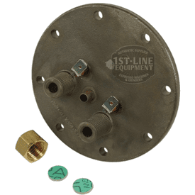 The Elektra 04.05266.00.42 110V Flanged Heating Element for Microcasa is a round metal plate with two threaded fittings, a brass cap, and two green washers; it features four edge holes and is stamped with 1st-Line Equipment. © 2025 1st-line.com