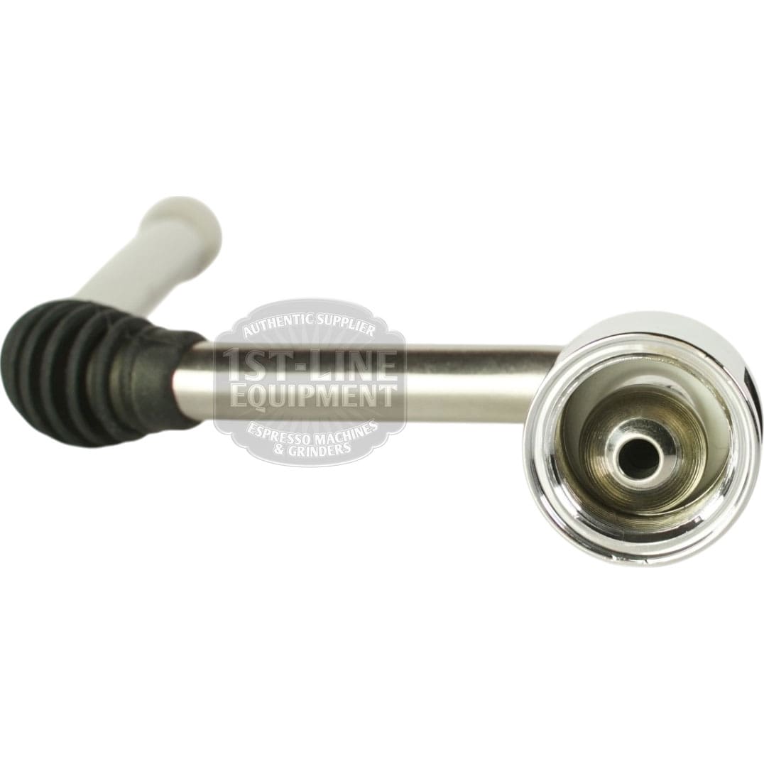 The Elektra 06319039 Steam Valve Wand Assembly features stainless steel construction, a black rubber grip, and a white handle, shown from the nozzle end against a white background. © 2025 1st-line.com
