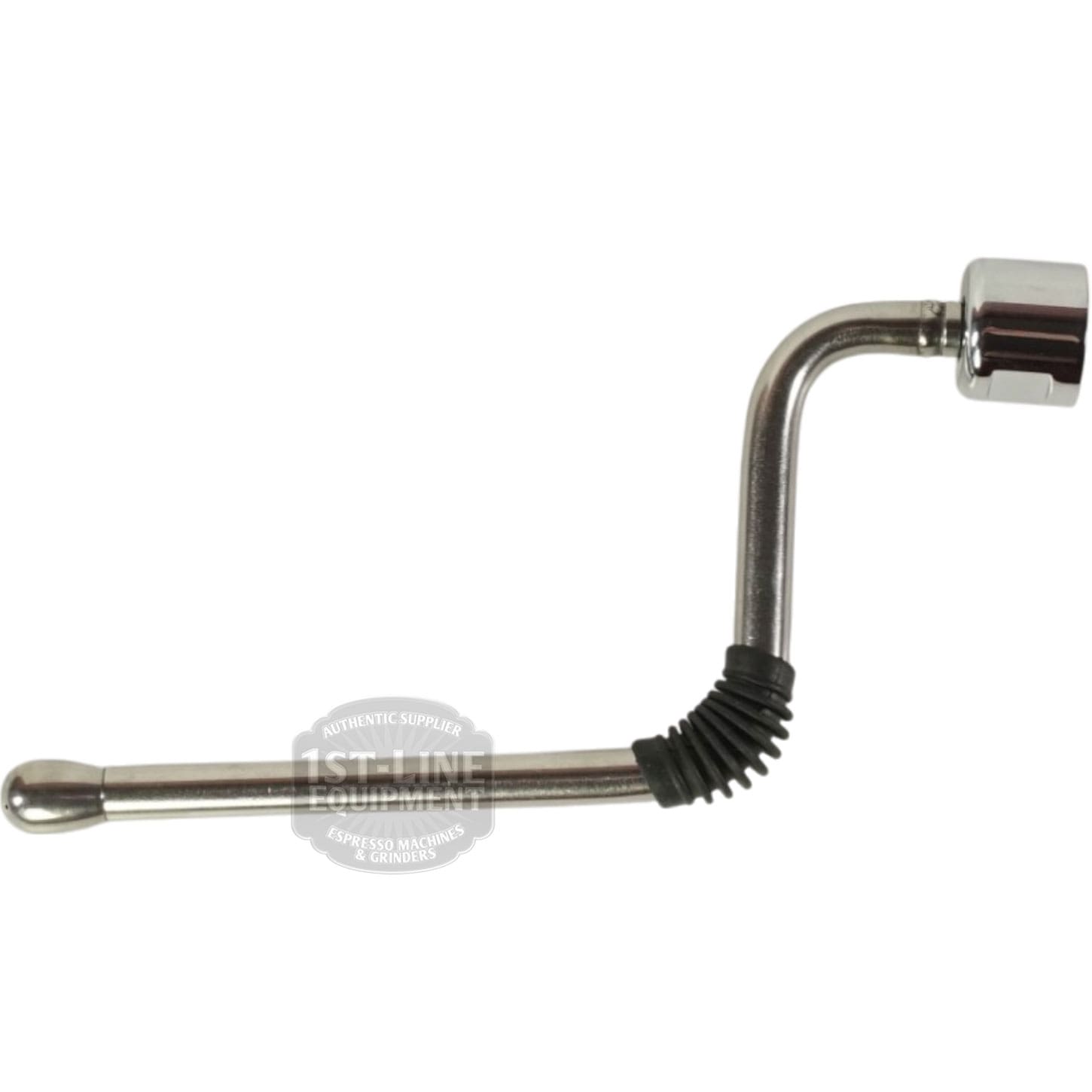 The Elektra 06319039 Steam Valve Wand Assembly is stainless steel with a curved design, a central rubber protective sleeve, and a polished metal tip. © 2025 1st-line.com