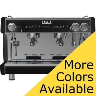 The Gaggia Vetro 2 Group Tall Cup Commercial Espresso Machine features dual group heads, steam wands, and a reflective front panel for tall cup use. A yellow overlay in the bottom right reads More Colors Available. © 2025 1st-line.com