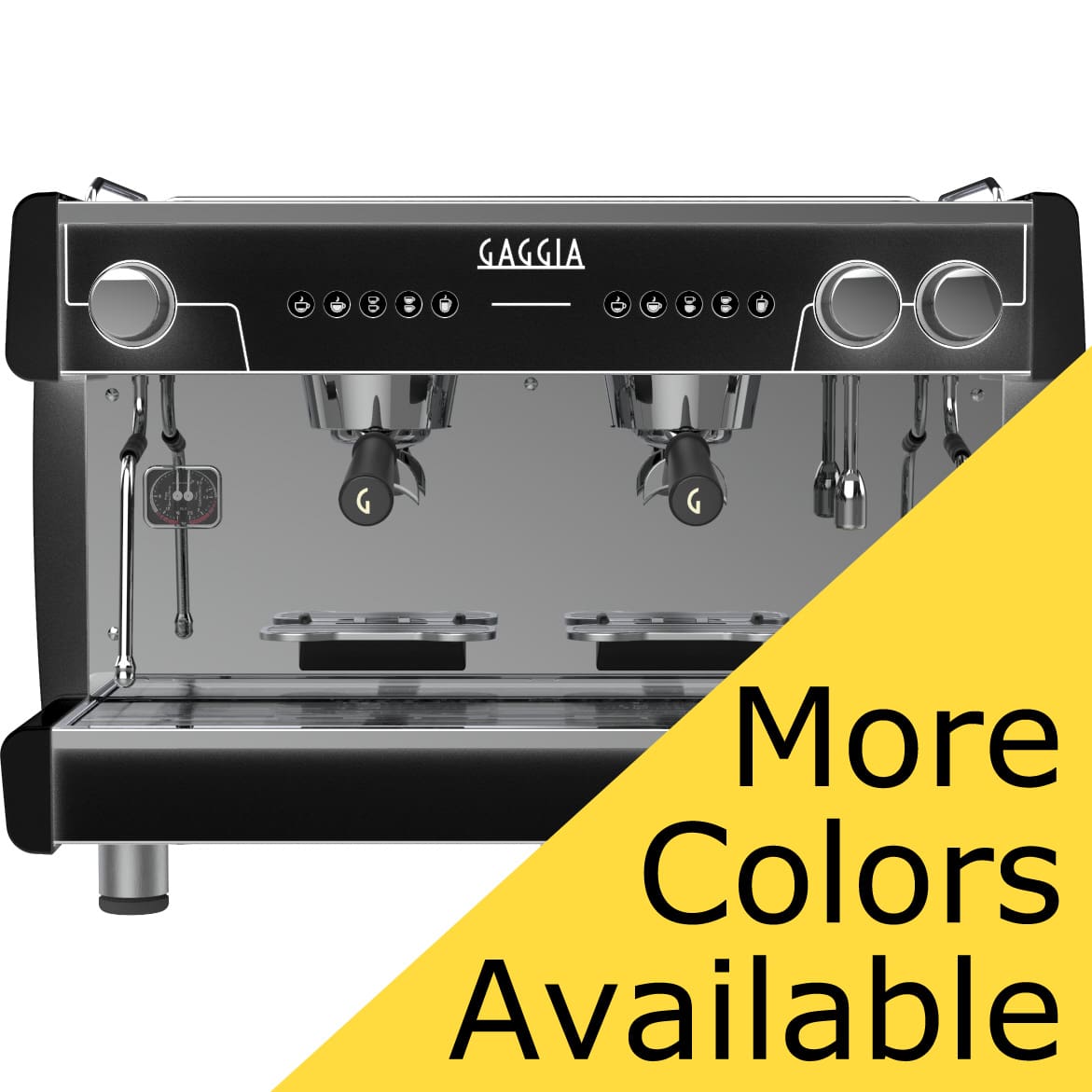 The Gaggia Vetro 2 Group Tall Cup Commercial Espresso Machine features dual group heads, steam wands, and a reflective front panel for tall cup use. A yellow overlay in the bottom right reads More Colors Available. © 2025 1st-line.com