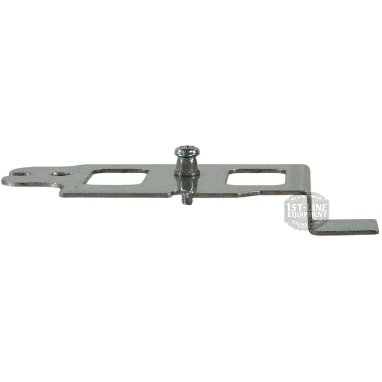 The Lelit 1100031 LCC Support Plaque is a flat metal mounting bracket with two rectangular cutouts, a central screw and nut, and an angled tab at one end, shown against a white background. © 2025 1st-line.com
