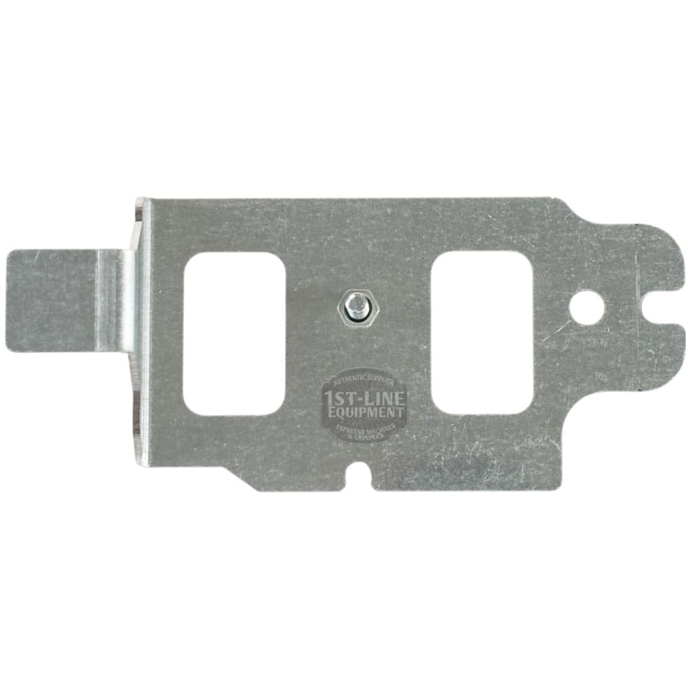 The Lelit 1100031 LCC Support Plaque is a flat, rectangular metal tool with two square cutouts, a central screw, and engraved branding, designed for use with Lelit espresso machines. © 2025 1st-line.com