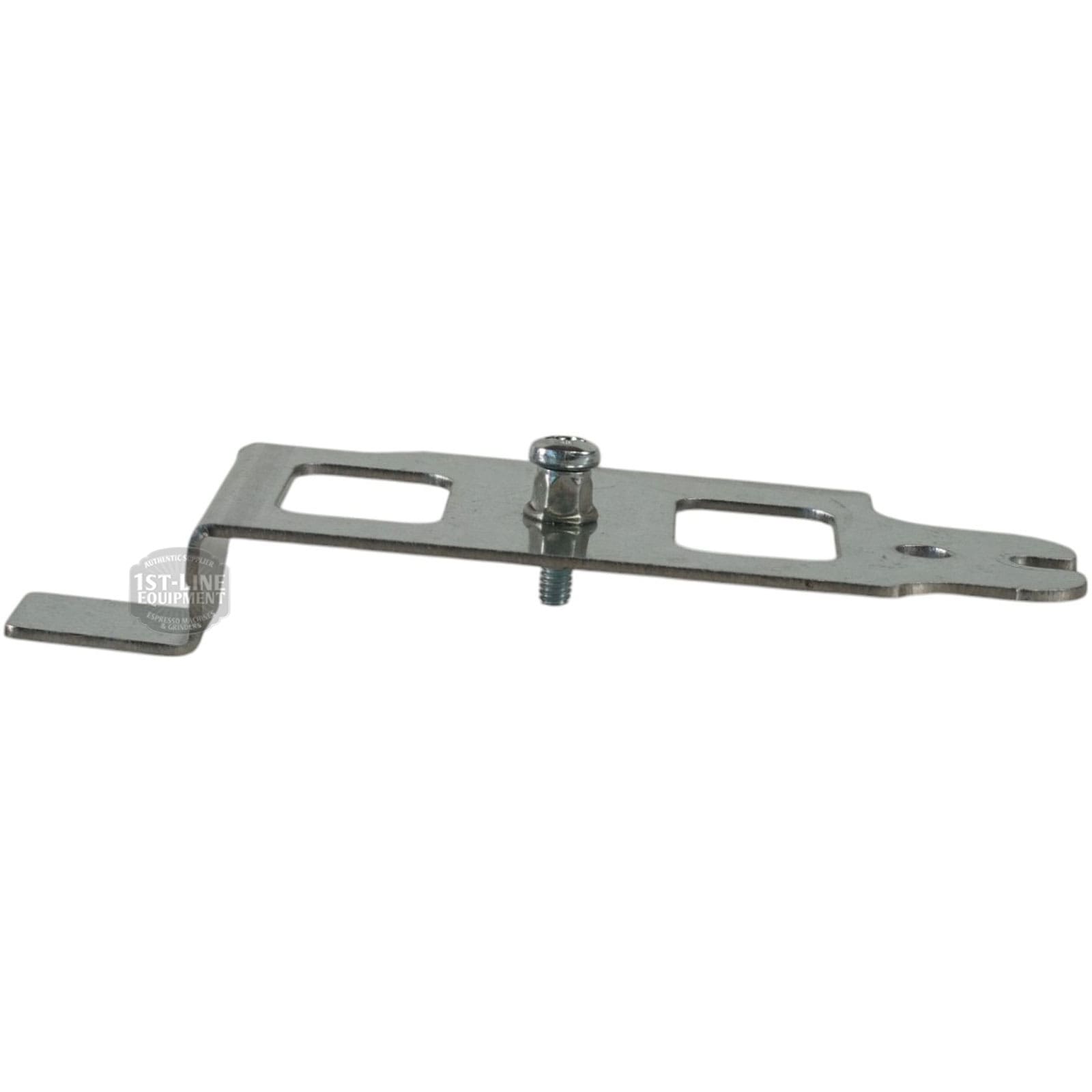 The Lelit 1100031 LCC Support Plaque is a metal bracket with two rectangular cutouts, an L-shaped bent end, and a central screw with nut for mounting or securing applications. © 2025 1st-line.com