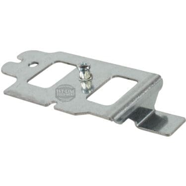 The Lelit 1100031 LCC Support Plaque is a metal mounting bracket with a small screw, two rectangular cutouts, and angled edges for securing components in Lelit machines. © 2025 1st-line.com