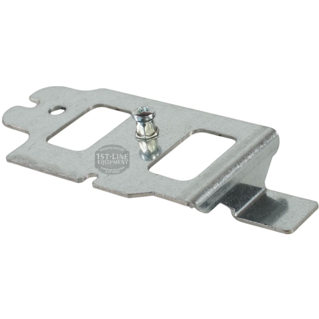 The Lelit 1100031 LCC Support Plaque is a metal mounting bracket with a small screw, two rectangular cutouts, and angled edges for securing components in Lelit machines. © 2025 1st-line.com
