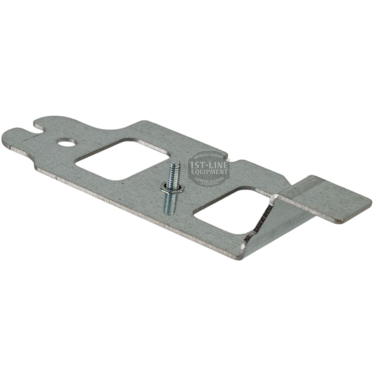 The Lelit 1100031 LCC Support Plaque is a metal mounting bracket with two rectangular cutouts, a slot on one end, a central screw, and a bent tab on the side. © 2025 1st-line.com