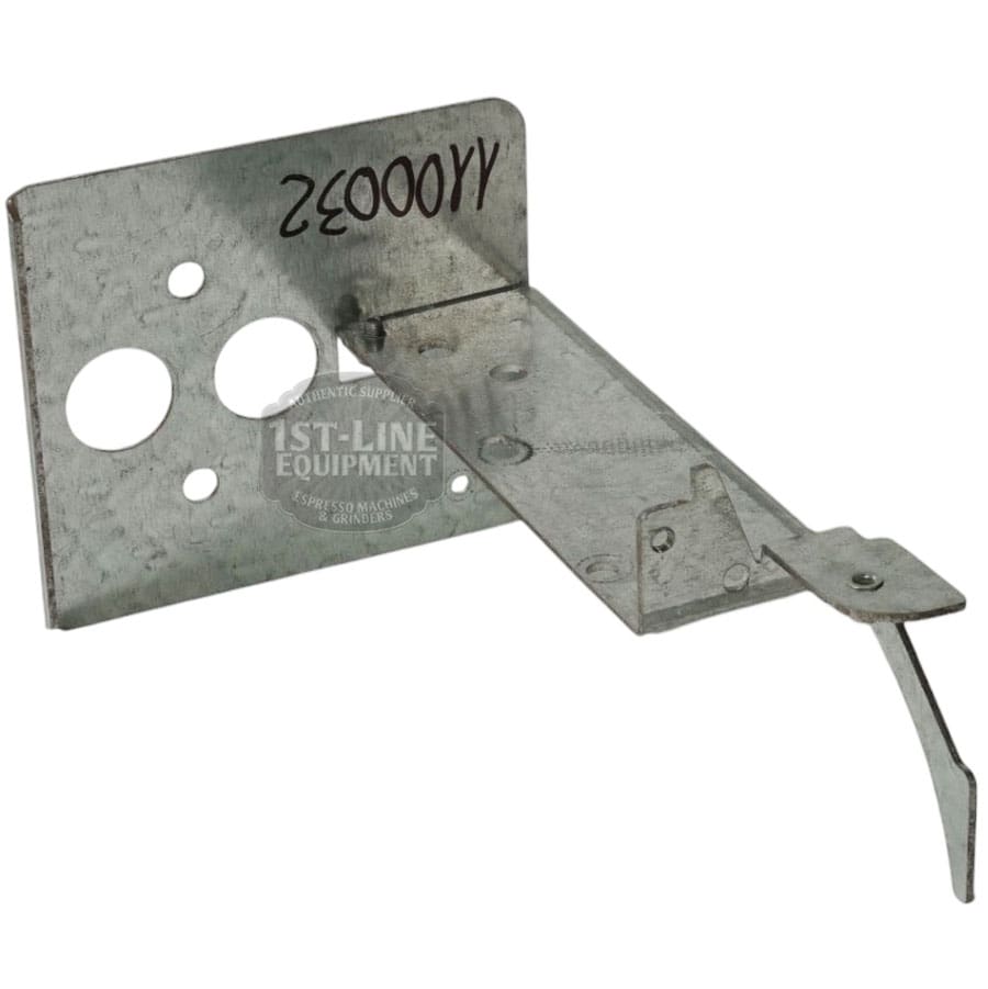 The Lelit 1100032 Bianca Steam Boiler Support is a metal bracket with a flat base, angled arm, multiple circular holes, and part number 25000032, designed specifically for the Bianca Steam Boiler by Lelit. © 2025 1st-line.com