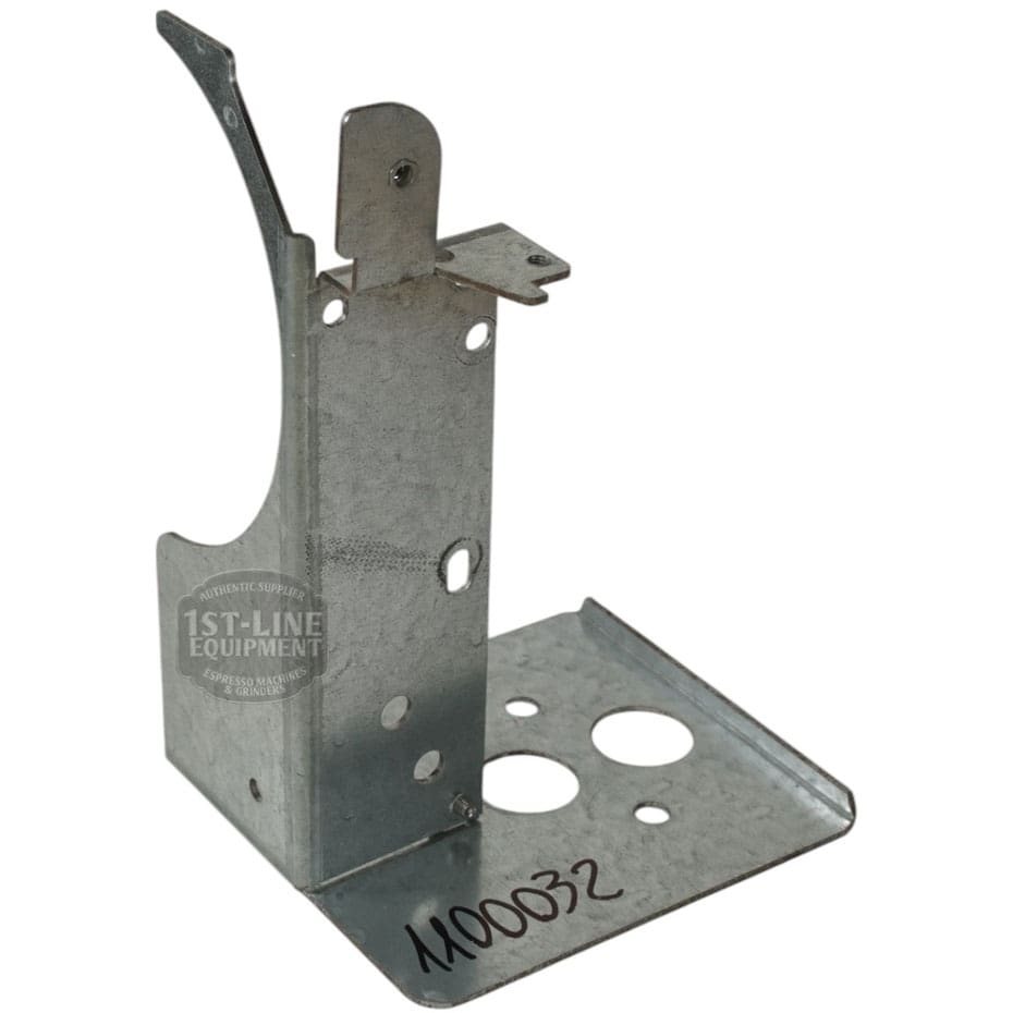 The Lelit 1100032 Bianca Steam Boiler Support is a metal bracket with multiple holes, cutouts, and a stamped 1ST-LINE EQUIPMENT logo, labeled 1100032 on the base. It fits Lelit Bianca machines. © 2025 1st-line.com