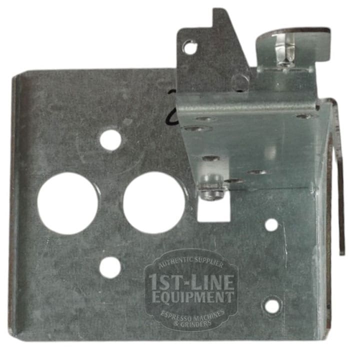 The Lelit 1100032 Bianca Steam Boiler Support is a metal bracket with three circular holes, a bent edge, and an angled attachment. It displays the 1st-Line Equipment logo, making it perfect for Lelit Bianca models. © 2025 1st-line.com