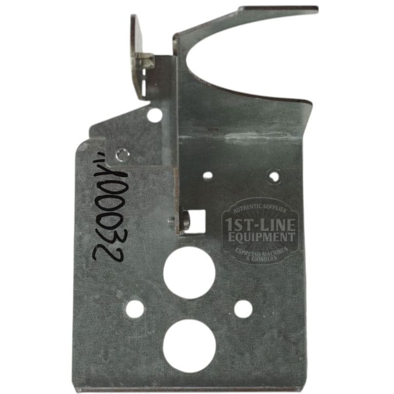 The Lelit 1100032 Bianca Steam Boiler Support is a metal part for Lelit Bianca machines, featuring several circular cutouts, a top curved lever, and the 1ST-LINE EQUIPMENT logo with 1100032 printed on its surface. © 2025 1st-line.com