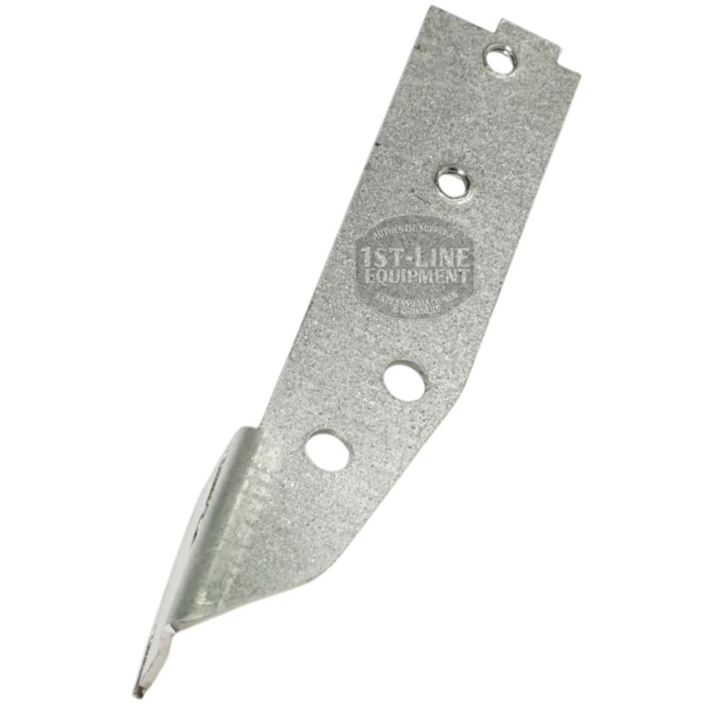 The Lelit 1100034 Solenoid Valve Support is a metal bracket with a flat base, angled side, multiple round mounting holes, and a rough galvanized finish with faint 1ST-LINE EQUIPMENT branding. © 2025 1st-line.com