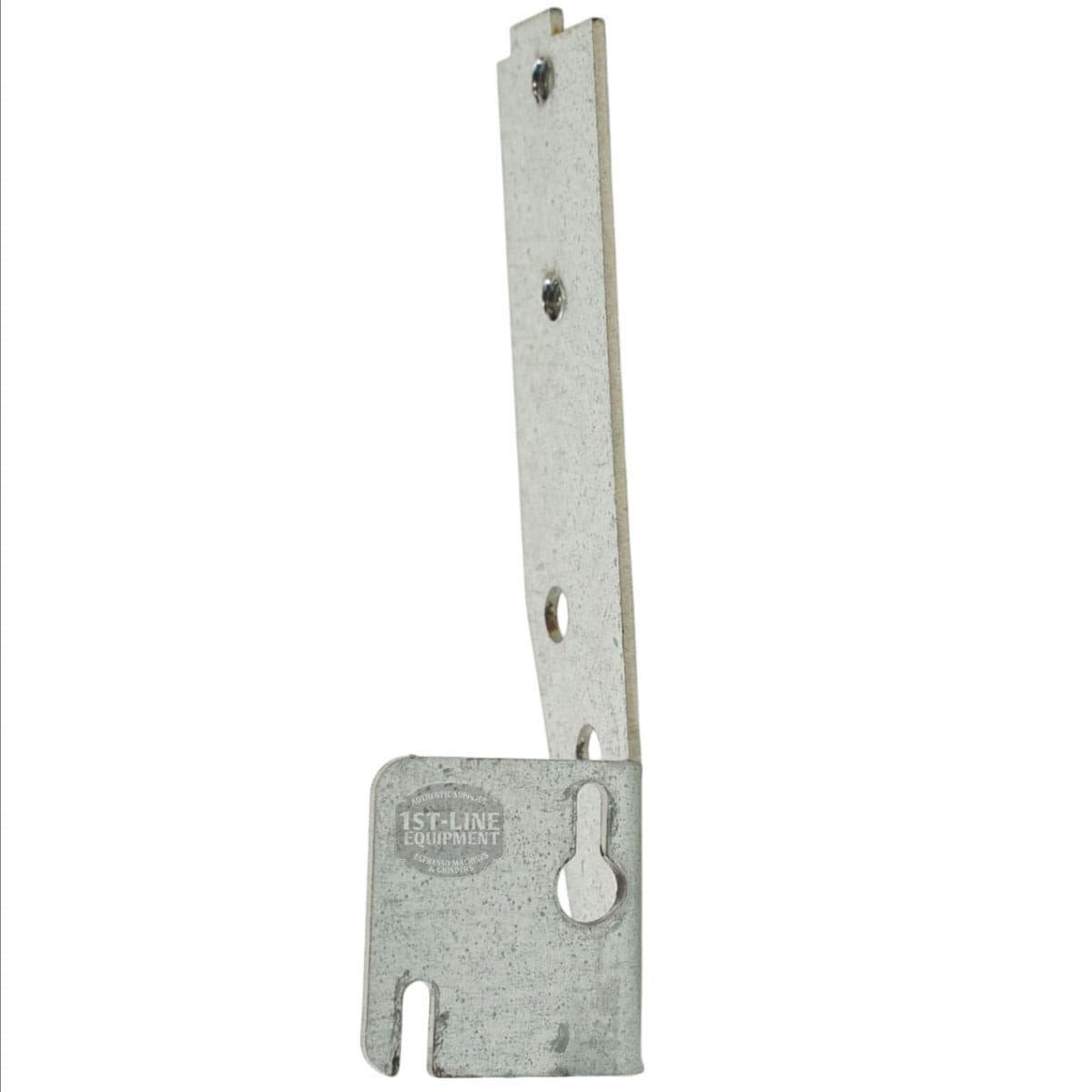 The Lelit 1100034 Solenoid Valve Support is a metal L-shaped bracket with multiple holes on the vertical section and 1st-Line Equipment engraved on the base, designed for mounting components such as a Lelit solenoid valve. © 2025 1st-line.com