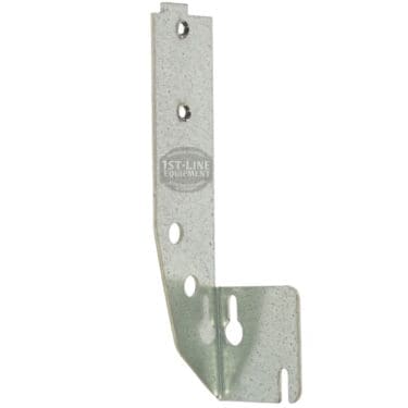 The Lelit 1100034 Solenoid Valve Support is a metal L-shaped bracket with multiple screw holes, a textured galvanized finish, and the 1st-Line Equipment logo stamped on it. © 2025 1st-line.com