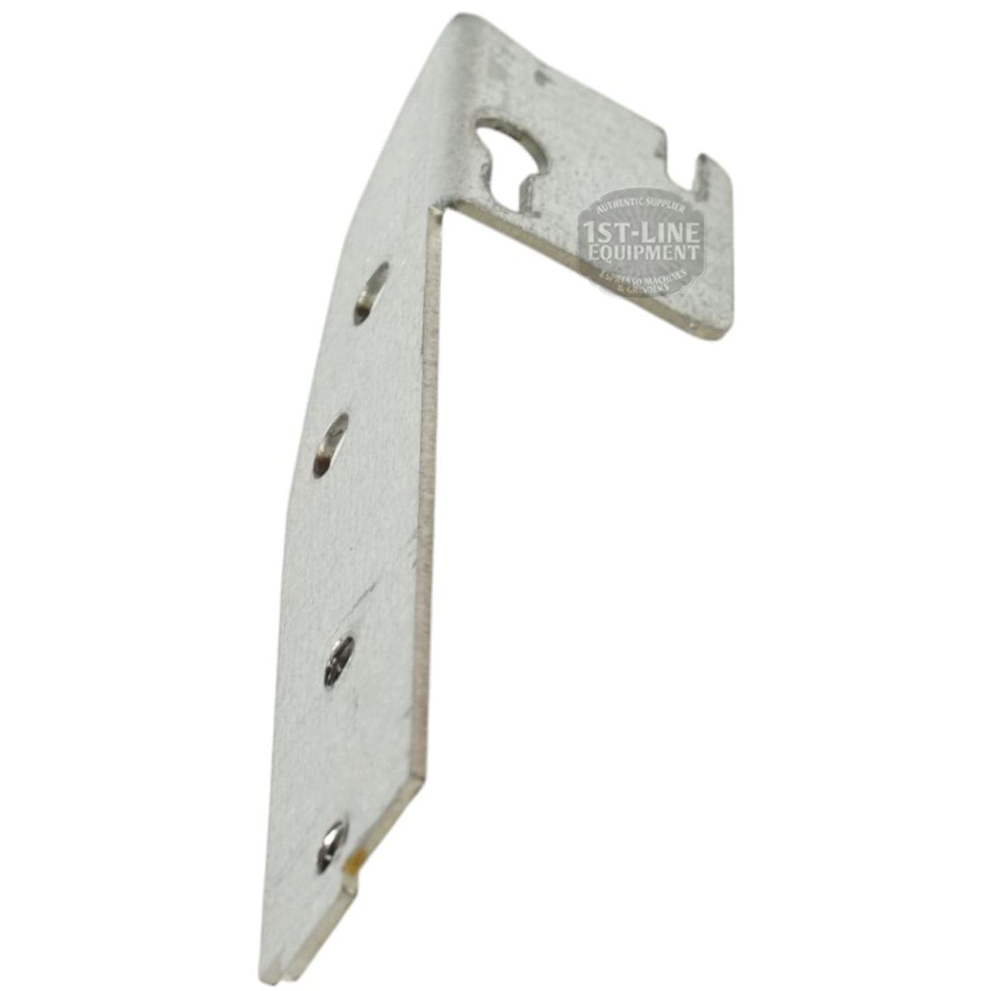 The Lelit 1100034 Solenoid Valve Support is a metal L-shaped bracket with multiple screw holes and a top cutout notch, designed for mounting solenoid valves, shown against a white background. © 2025 1st-line.com