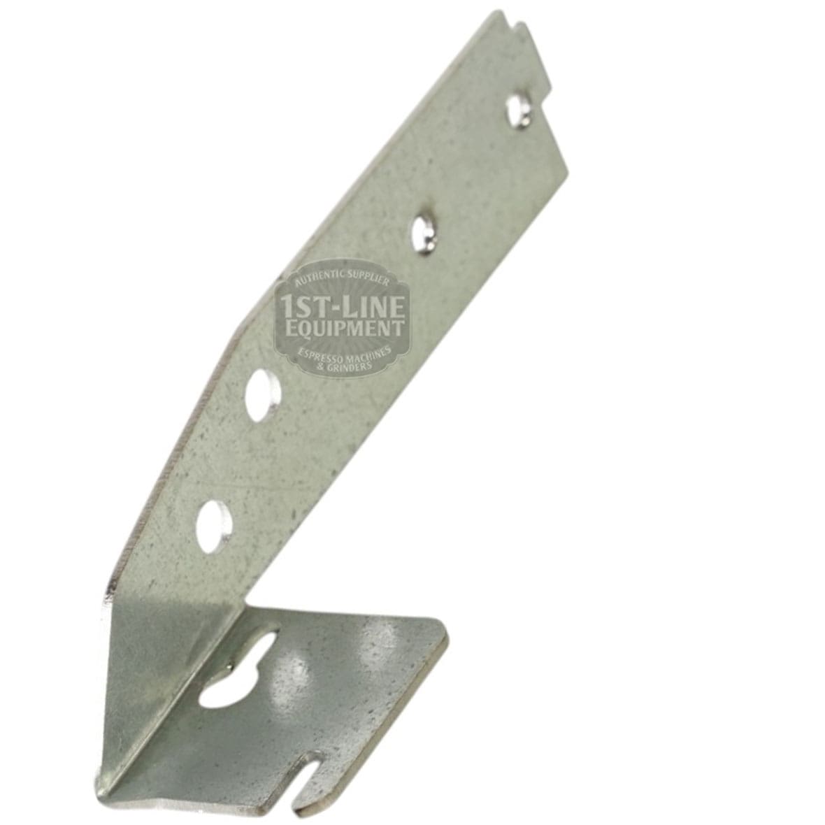 The Lelit 1100034 Solenoid Valve Support is a silver angled metal bracket with multiple holes and a flat base, designed for mounting solenoid valves. It features the “1st-Line Equipment Espresso Machines & Grinders” logo. © 2025 1st-line.com