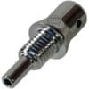 The Lelit 2200094 Discharge Fitting M10 is a shiny, metallic adapter with a threaded midsection and narrow cylindrical tip, designed as a discharge fitting for steam wands on Lelit espresso machines. © 2025 1st-line.com