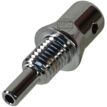 The Lelit 2200094 Discharge Fitting M10 is a shiny, metallic adapter with a threaded midsection and narrow cylindrical tip, designed as a discharge fitting for steam wands on Lelit espresso machines. © 2025 1st-line.com